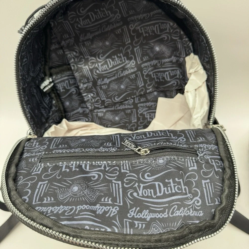 Von Dutch Sticker Logo Backpack Black Faux Leather Y2K VDKBP-028 NWT